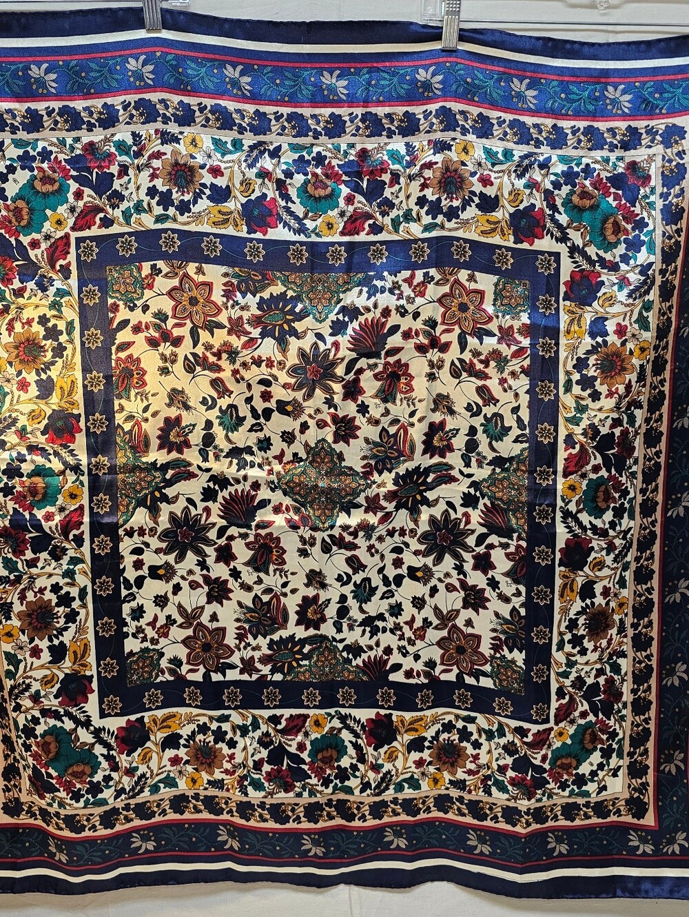 Vintage Floral 100% Silk Scarf in Navy, Cream, Teal, Burgundy Made In China